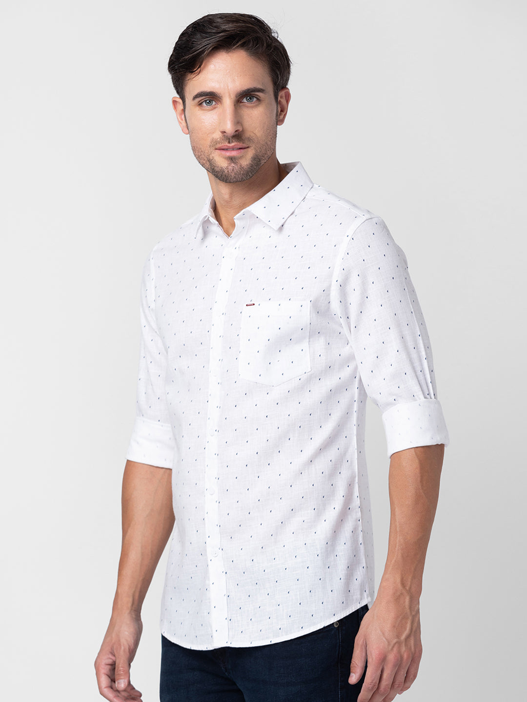 Spykar Men White Cotton Slim Fit Printed Shirts