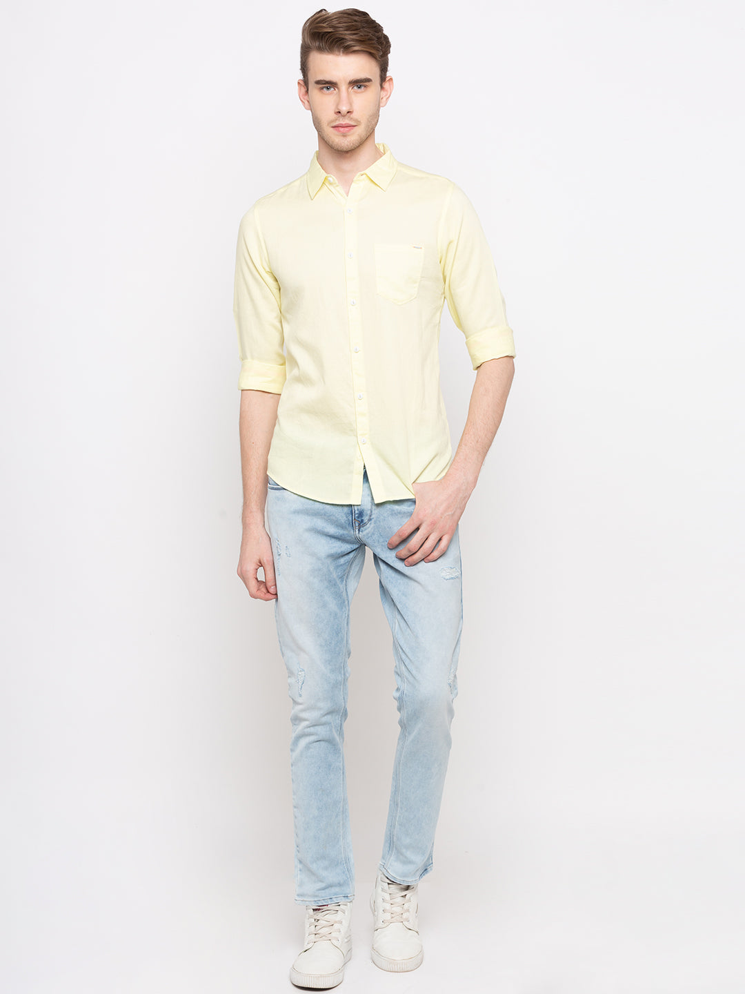 Spykar Yellow Cotton Slim Fit Shirts For Men