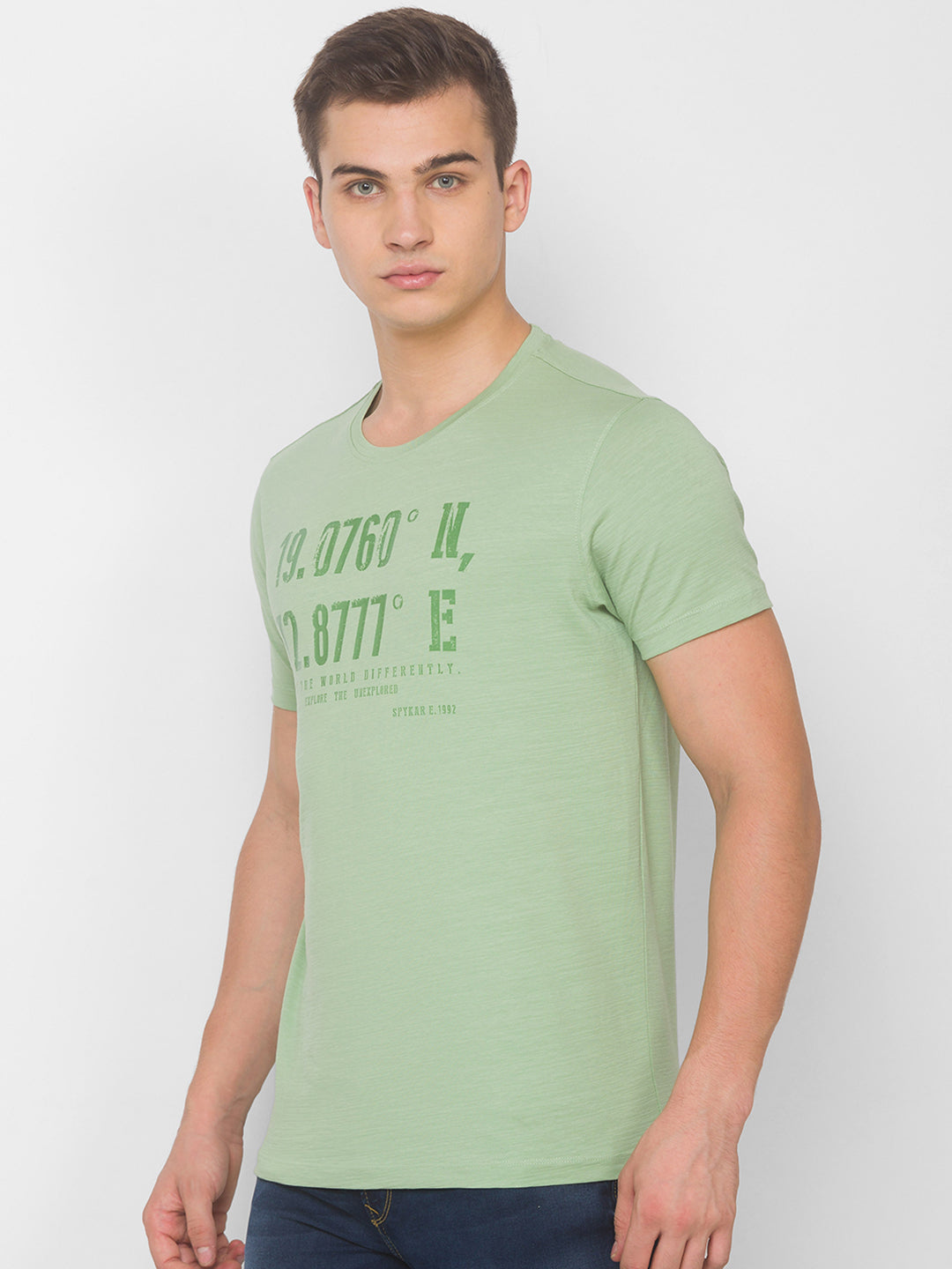 Spykar Men Green Cotton Slim Fit Round Neck T-Shirt