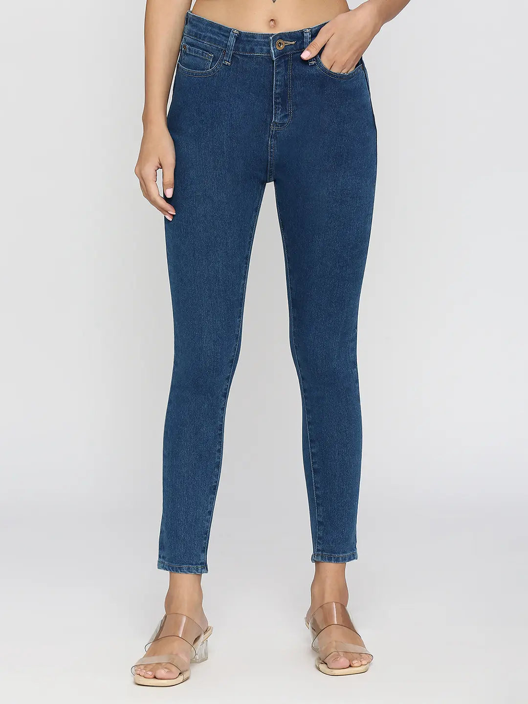 Spykar Women Mid Blue Cotton Skinny Fit Ankle Length Clean Look Mid Rise Jeans (YNR)