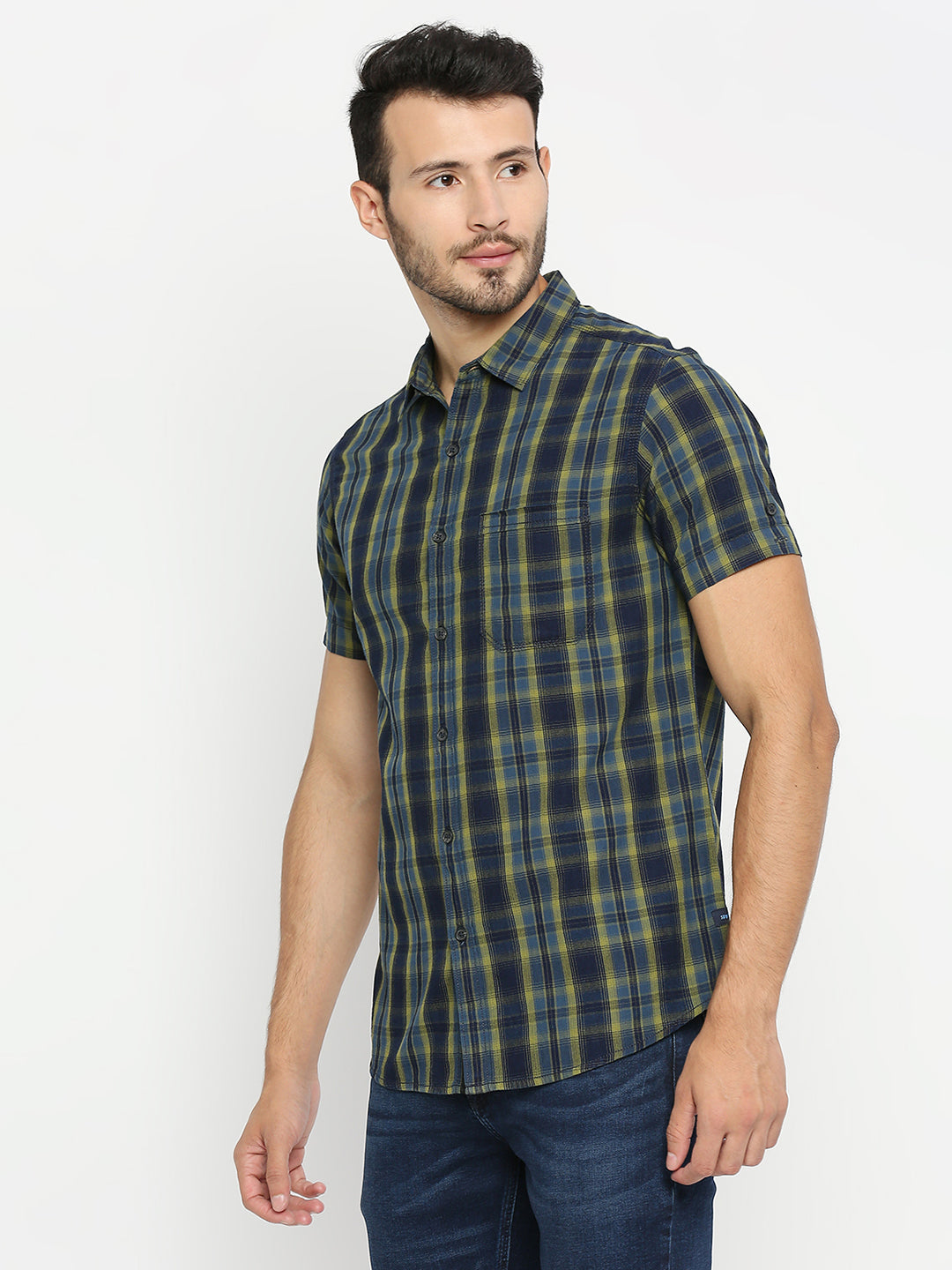 Spykar Men Pista Green Cotton Half Sleeve Checkered Shirt