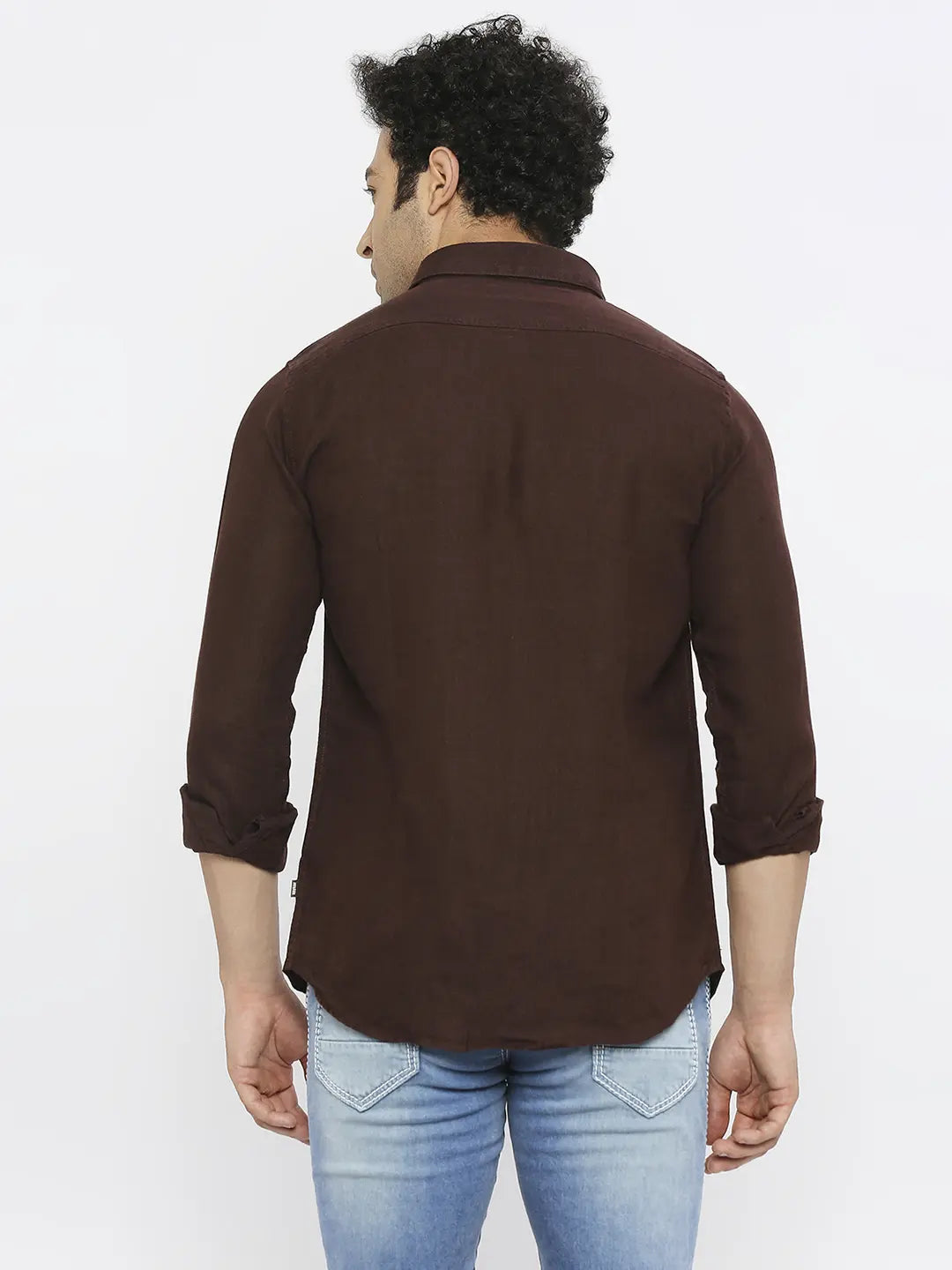 Spykar Men Coffee Brown Linen Slim Fit Full Sleeve Plain Shirt