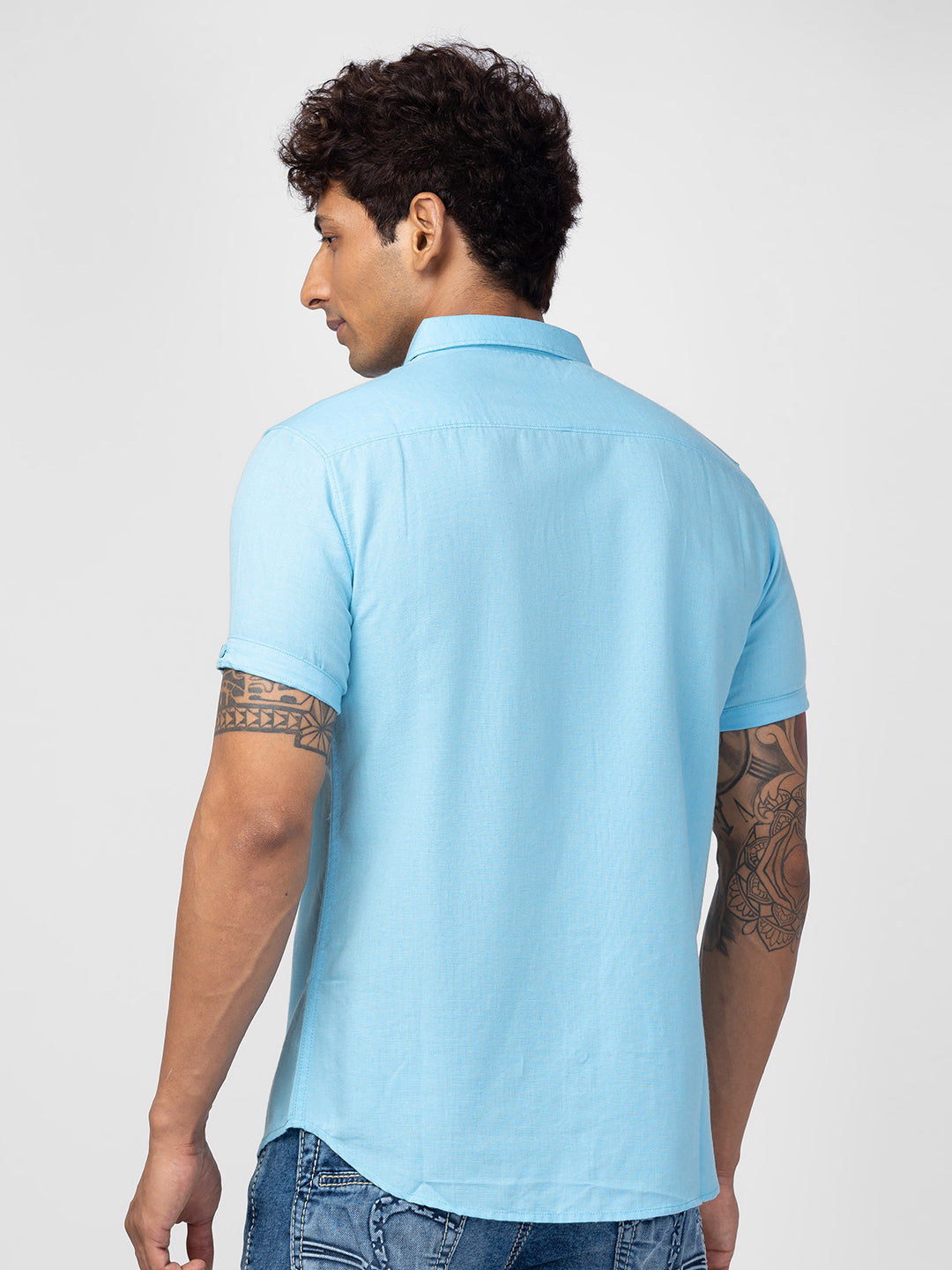 Spykar Men Bleached Aqua Cotton Slim Fit Plain Shirt