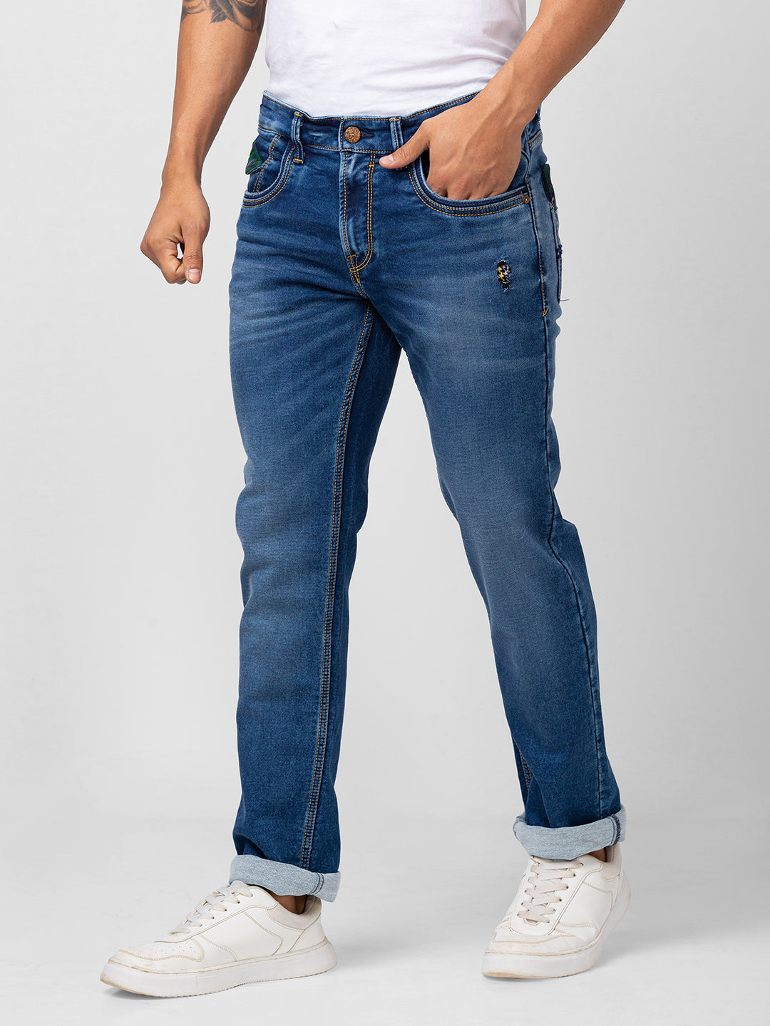 Spykar Men Mid Blue Cotton Regular Fit Narrow Length Jeans (Rover)