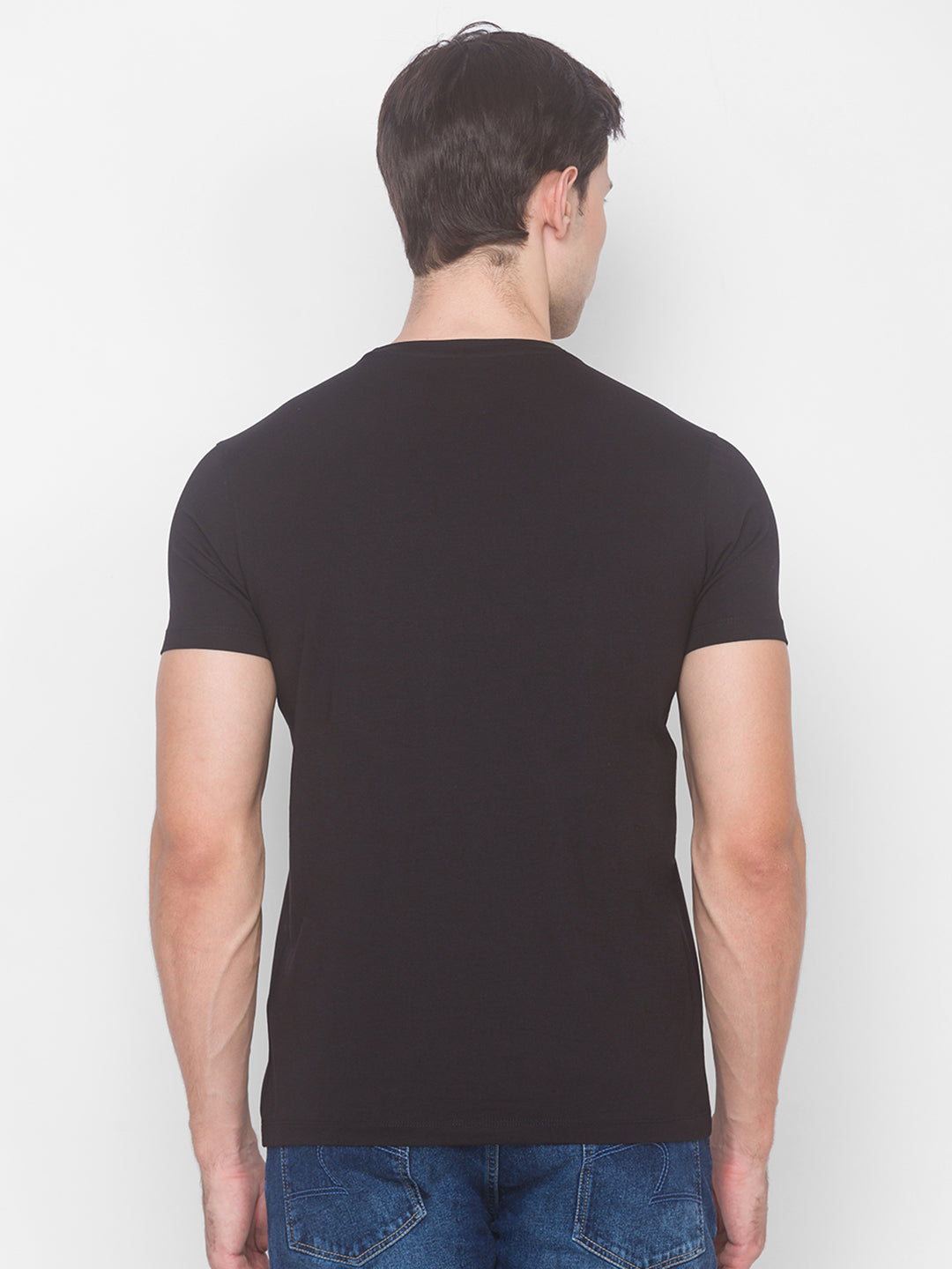 Spykar Men Black Cotton Slim Fit Round Neck T-Shirt