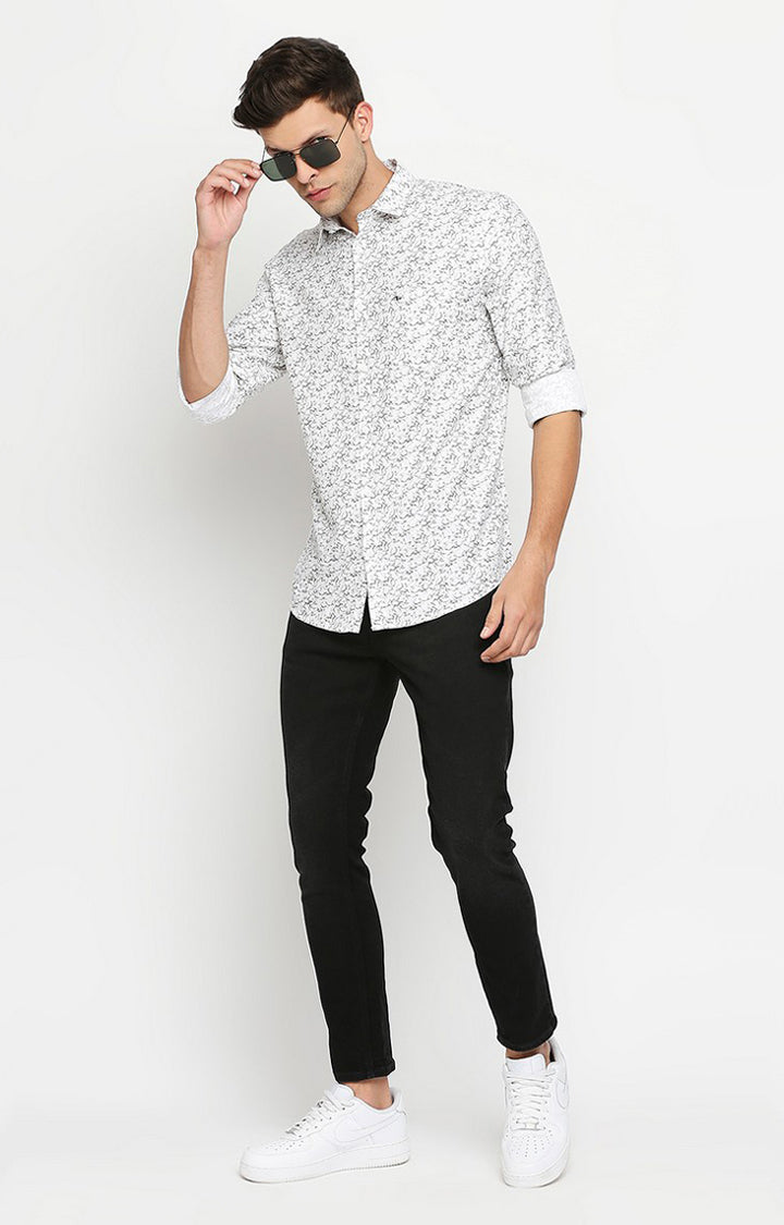 Spykar Men White Cotton Slim Fit Printed Shirts