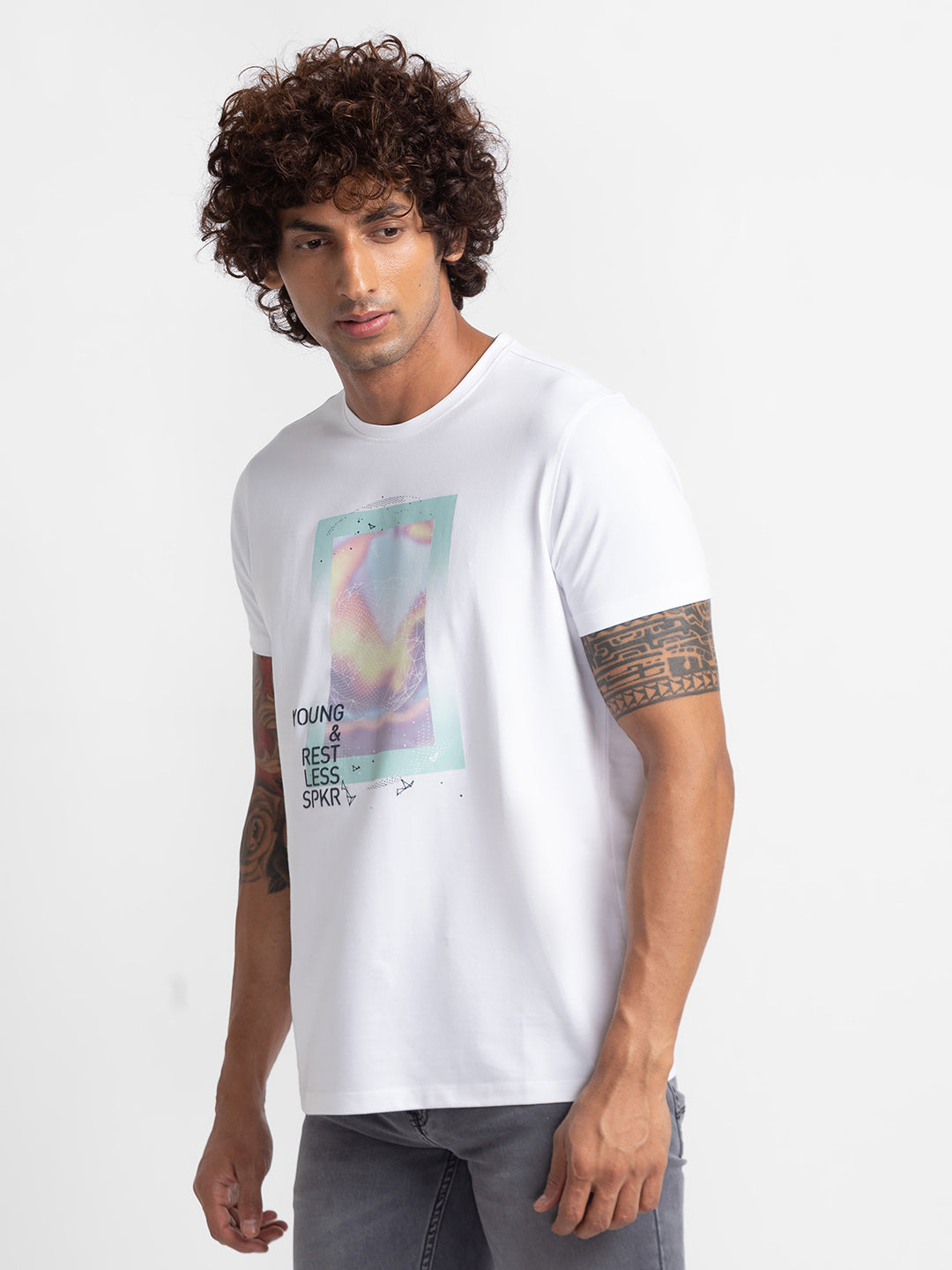 Spykar White Cotton Half Sleeve Printed Casual T-Shirt For Men