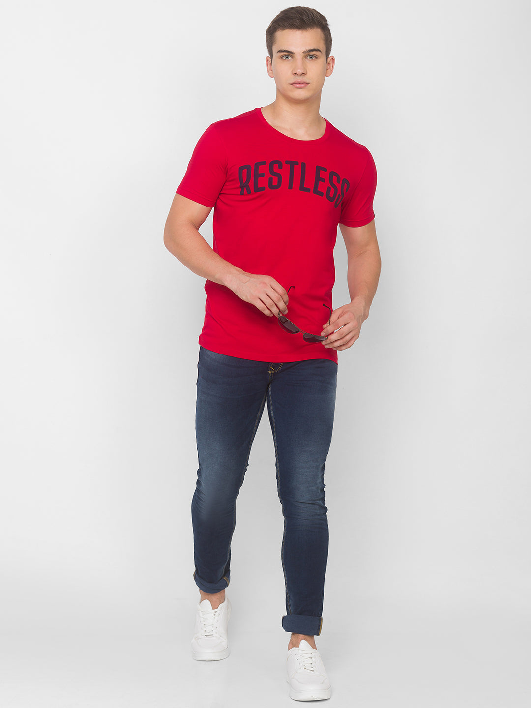 Spykar Men Red Cotton Slim Fit Round Neck T-Shirt