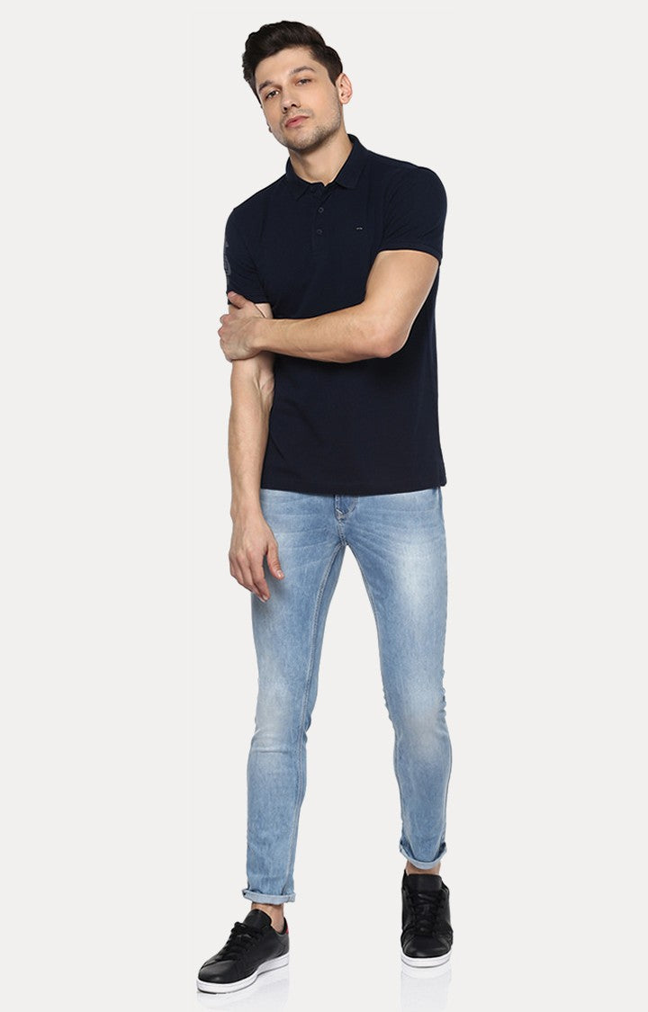 Spykar Blue Solid Slim Fit Polo T-Shirt