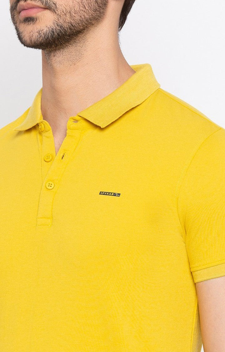 Spykar Men Yellow Cotton Slim Fit Polo T-Shirt