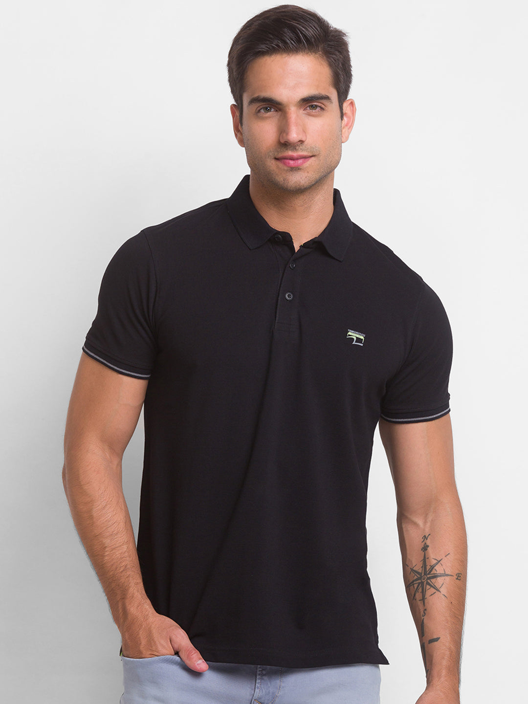 Spykar Black Cotton Half Sleeve Plain Casual Polo T-Shirt For Men