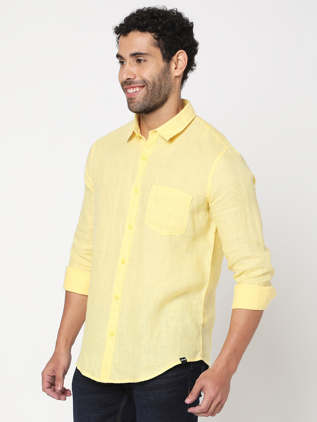 Spykar Men Yellow Cotton Slim Fit Full Plain Shirt