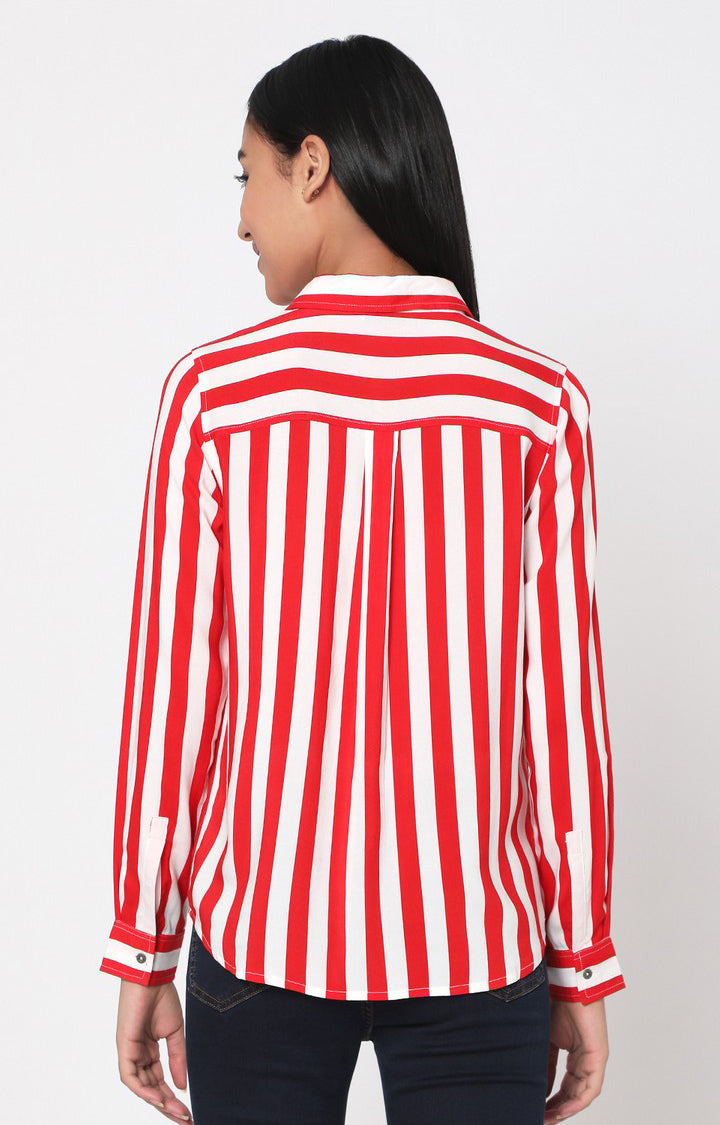 Spykar Red Viscose Striped Full Sleeve Shirts