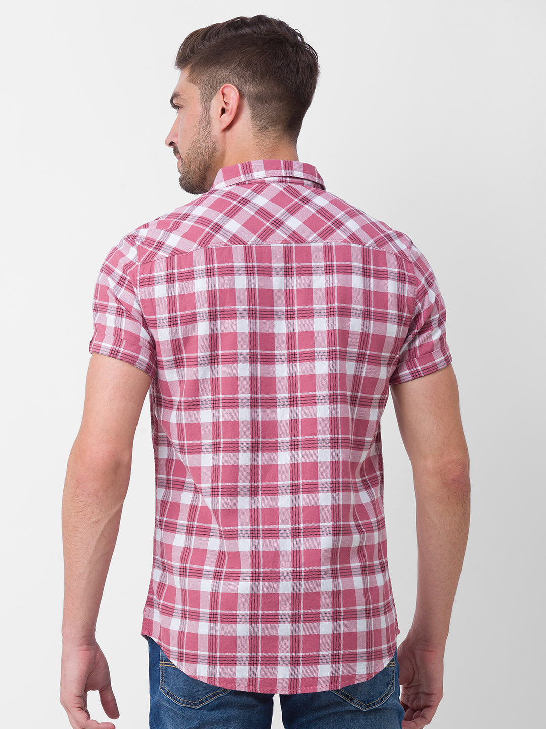 Spykar Mauve Pink Cotton Half Sleeve Checks Shirt For Men