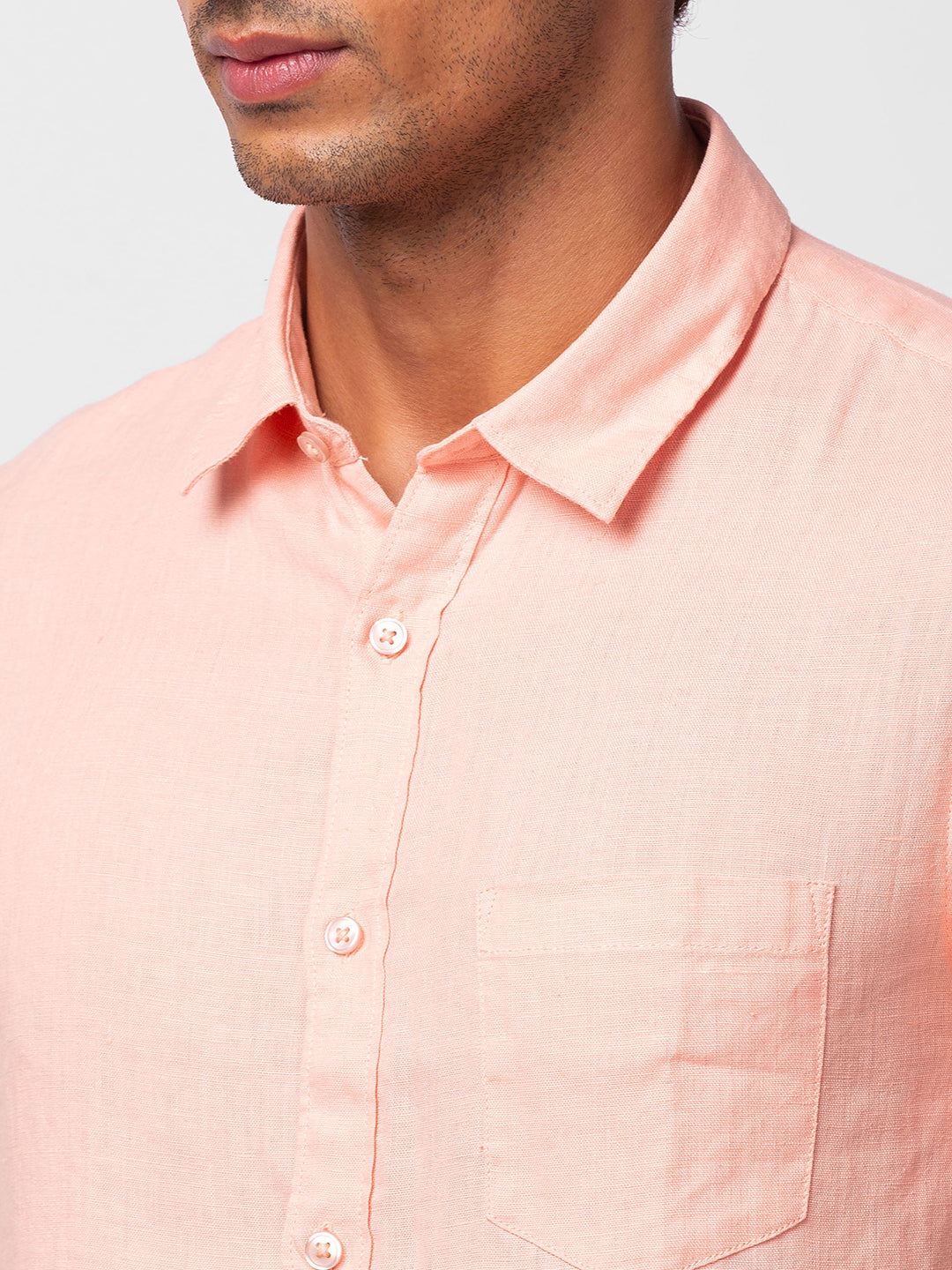 Spykar Men Peach Cotton Slim Fit Plain Shirt