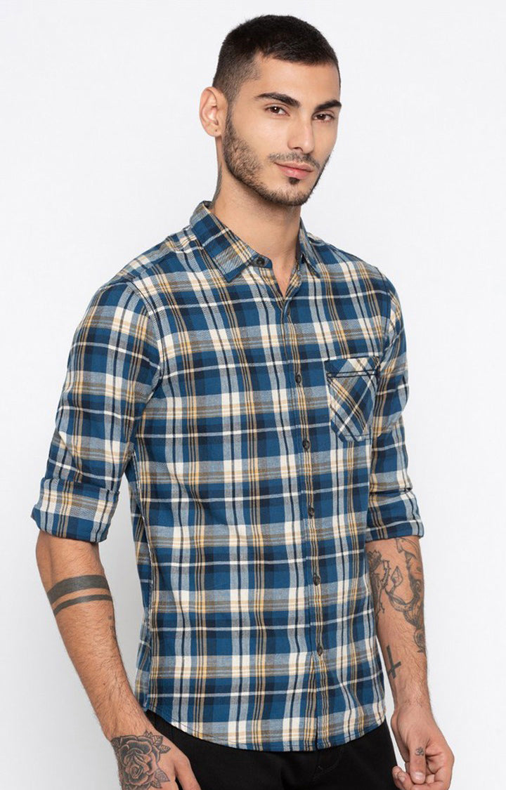 Spykar Men'S Blue Cotton Checked Casual Shirts