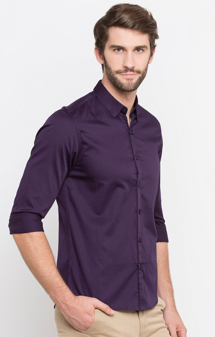 Spykar Men'S Purple Cotton Solid Casual Shirts