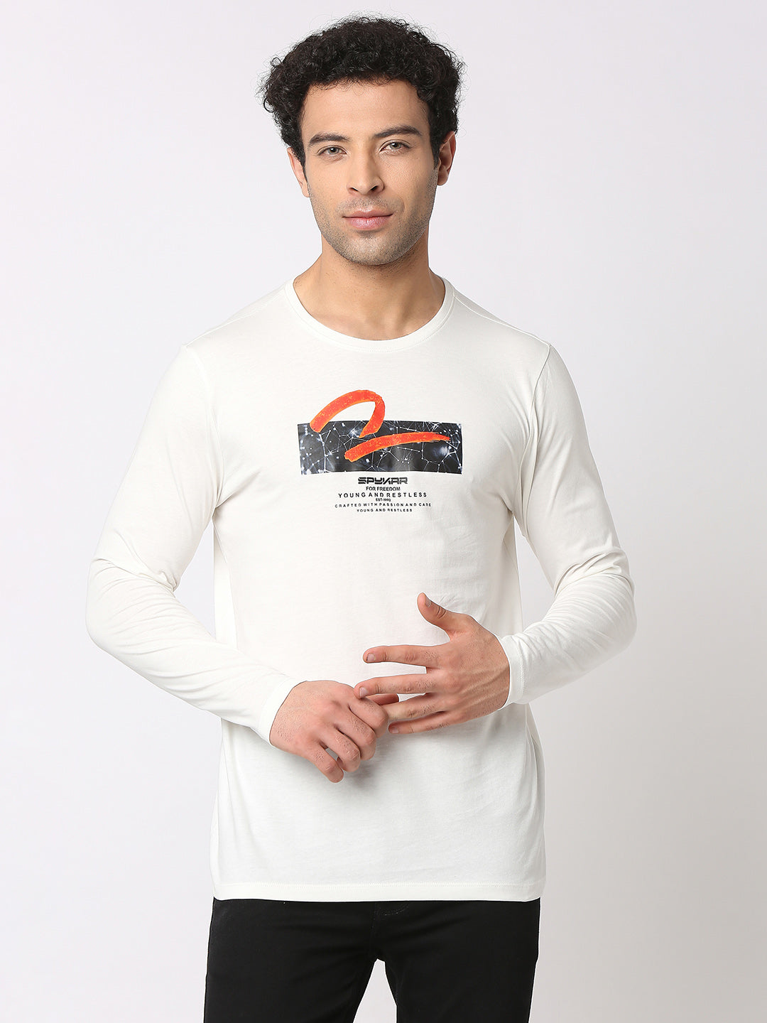 Spykar Men Ecru Cotton Slim Fit Round Neck Printed T-Shirt