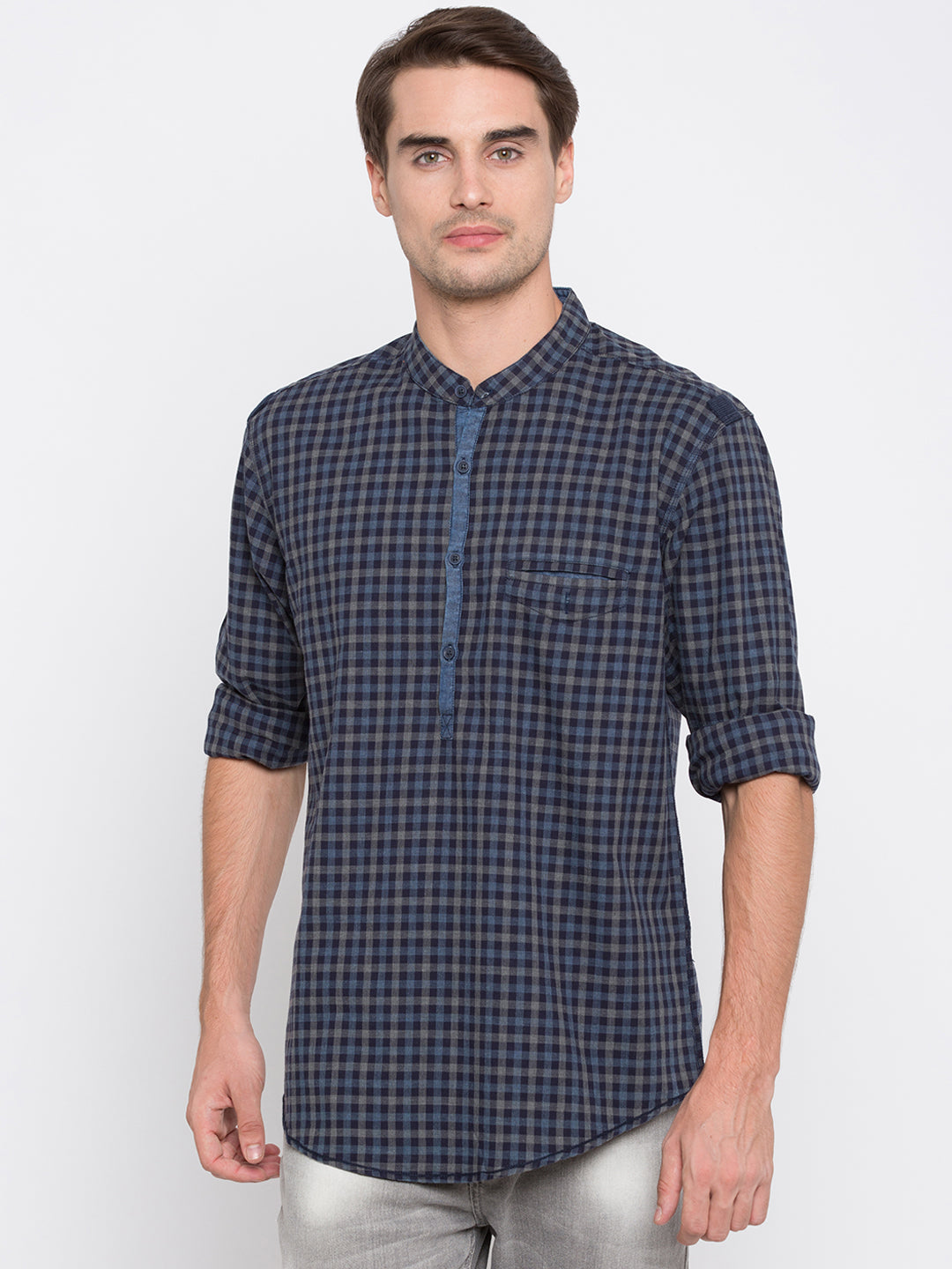 Spykar Men Blue Checked Slim Fit Shirt