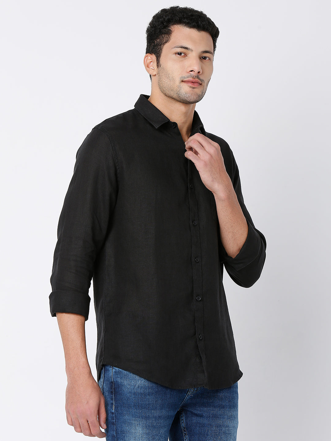 Spykar Men Black Cotton Full Sleeve Plain Shirt