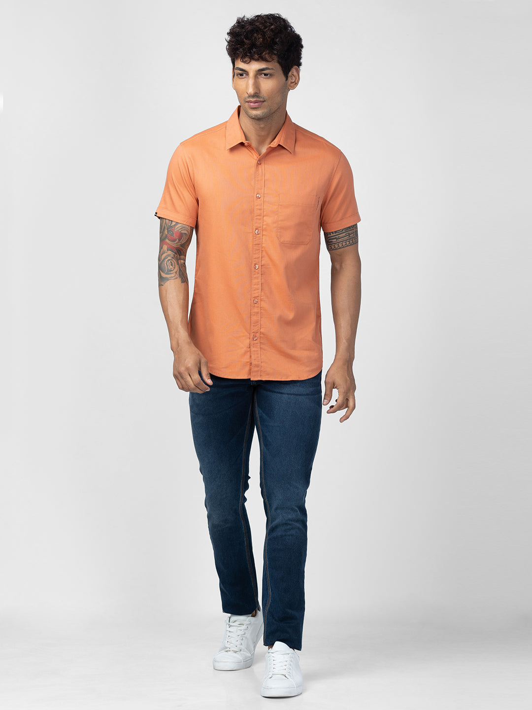 Spykar Men Sunset Orange Cotton Slim Fit Plain Shirt