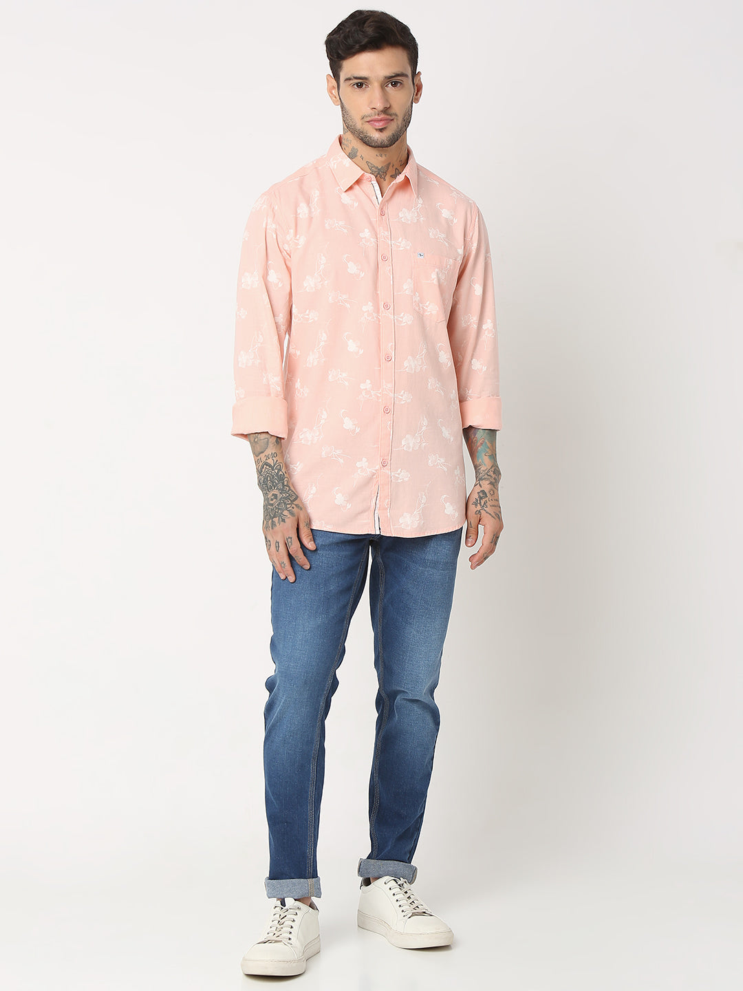 Spykar Men Peach Cotton Slim Fit Printed Shirts