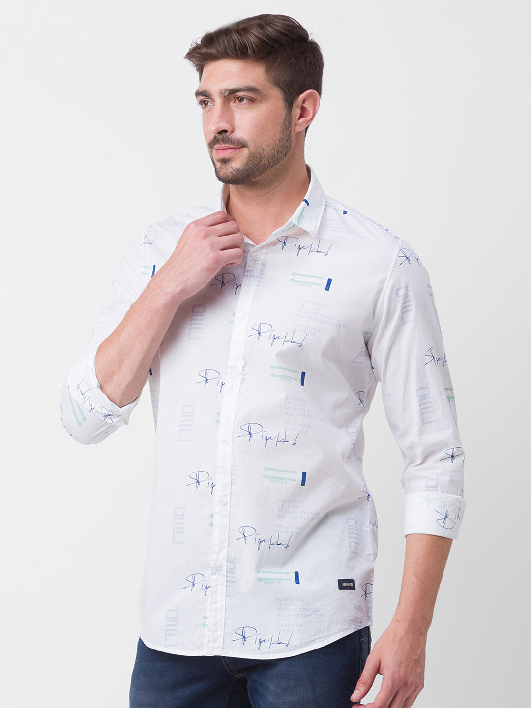 Spykar White Cotton Full Sleeve Printed Shirt For Men