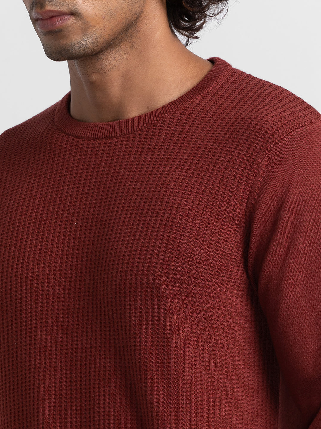 Spykar Brick Red Cotton Full Sleeve Casual Sweater For Men