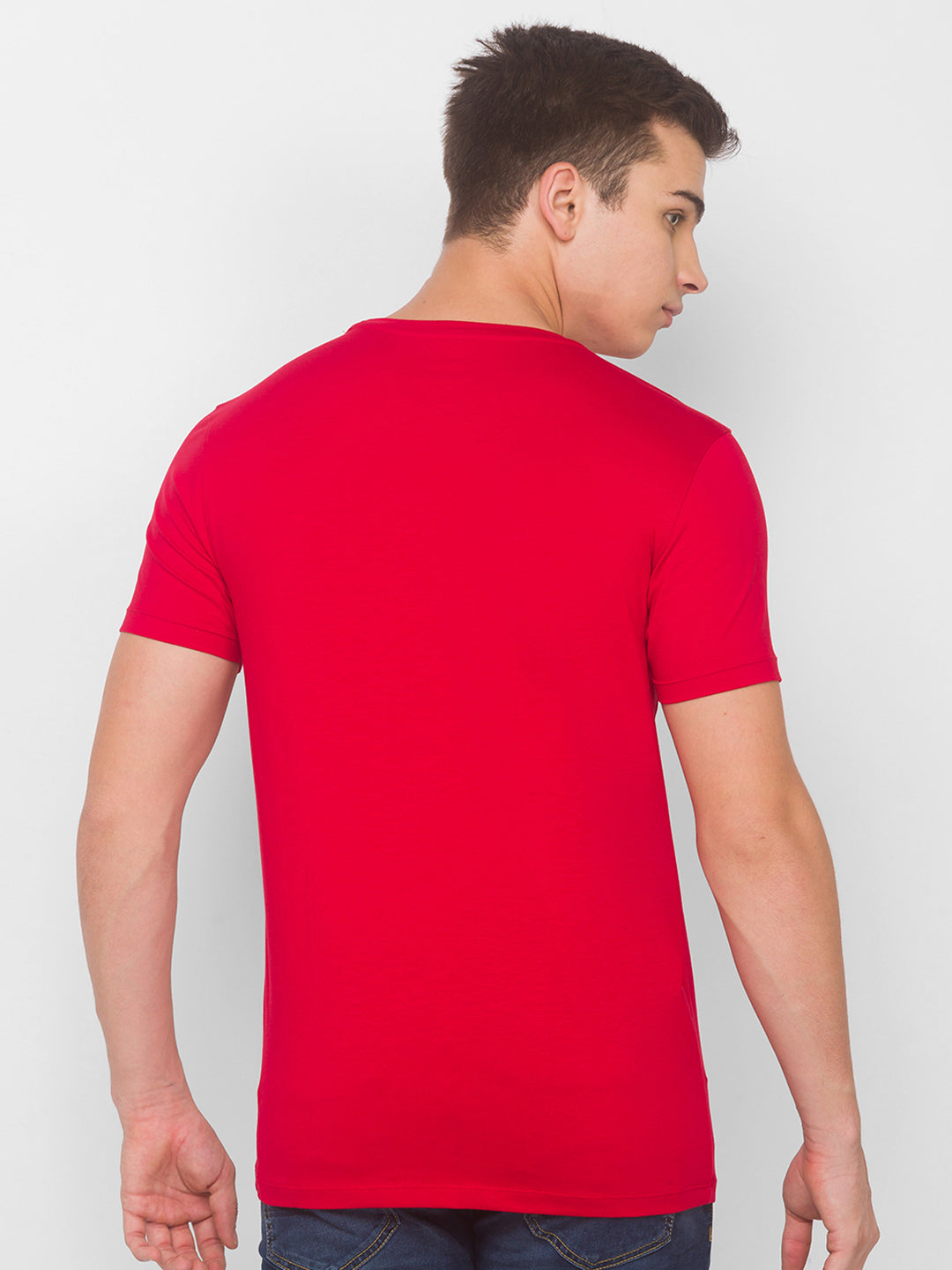 Spykar Men Red Cotton Slim Fit Round Neck T-Shirt