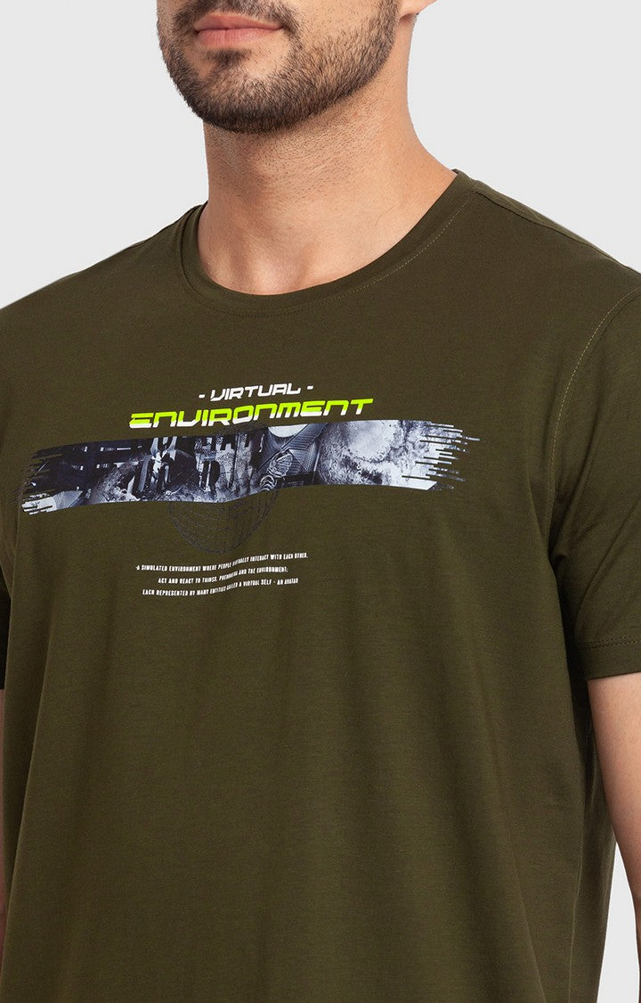 Spykar Rifle Green Cotton Half Sleeve Printed Casual T-Shirt For Men