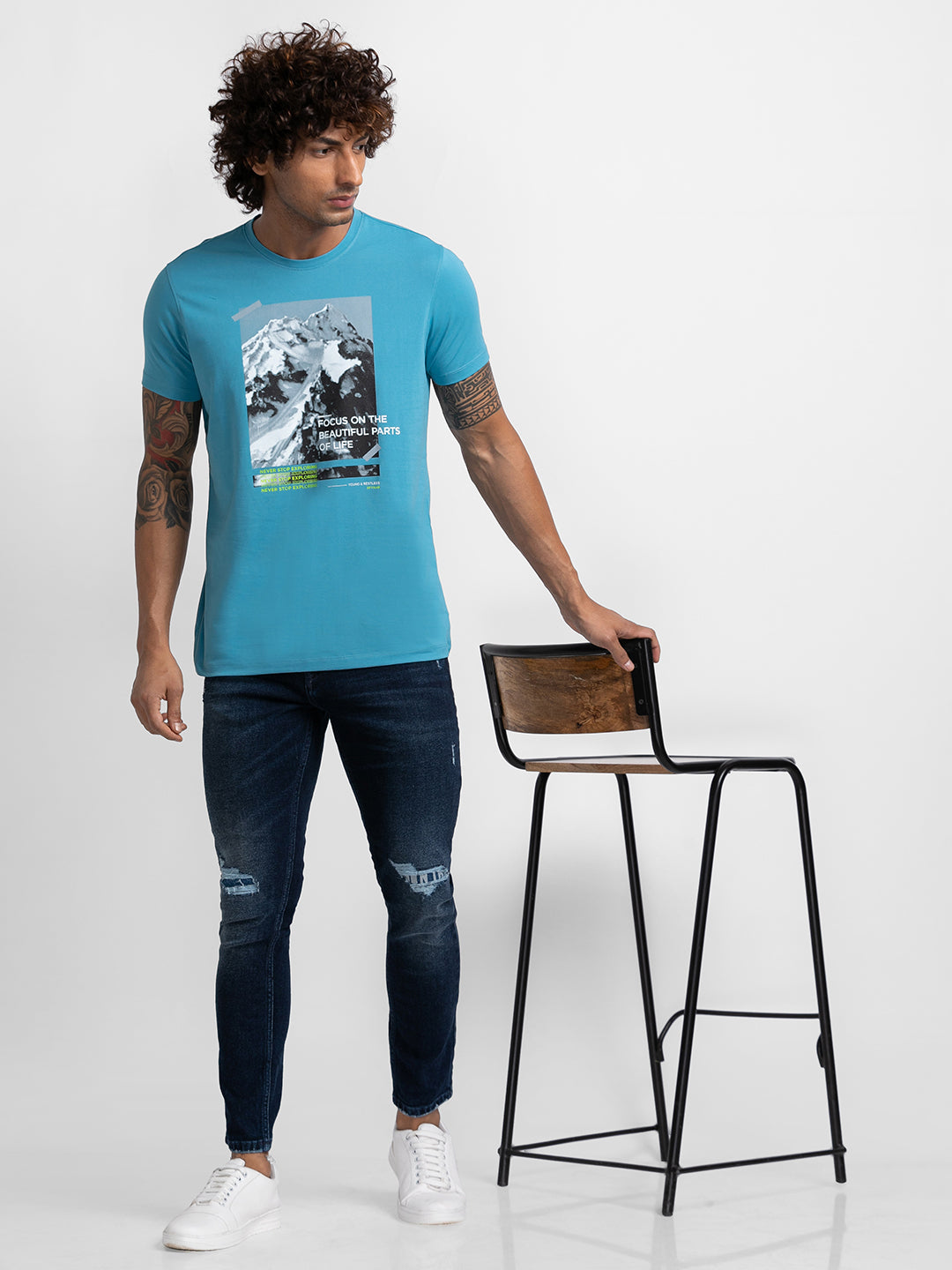 Spykar Haze Blue Cotton Half Sleeve Printed Casual T-Shirt For Men