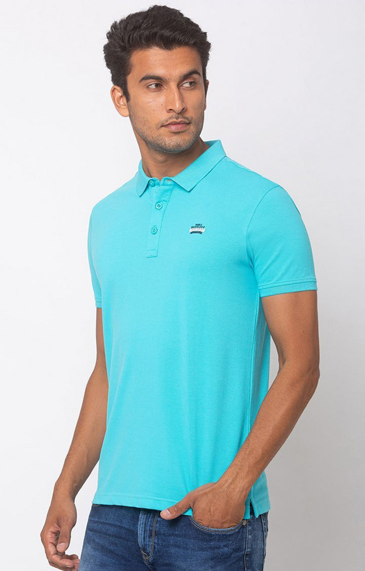 Spykar Blue Cotton Slim Fit T-Shirt For Men