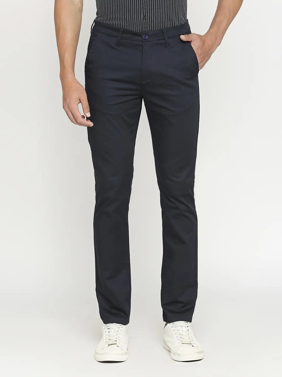 Buy Online Spykar Men Navy Blue Cotton Slim Fit Ankle Length Trouser