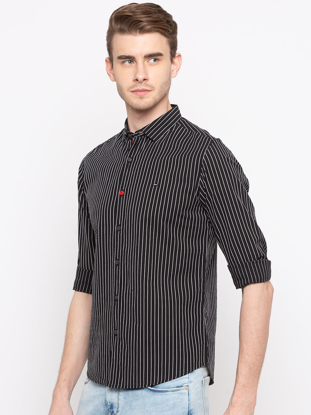 Spykar Men Black Striped Slim Fit Casual Shirt