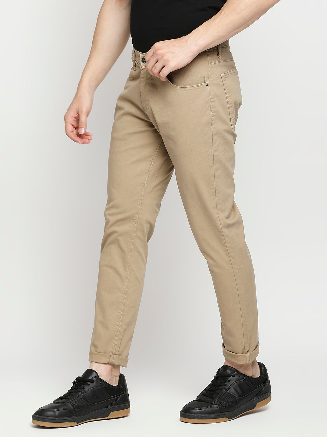 Spykar Camel Khaki Cotton Slim Fit Tapered Length Trousers For Men