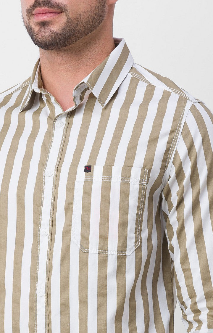 Spykar Khaki Cotton Full Sleeve Stripes Shirt For Men