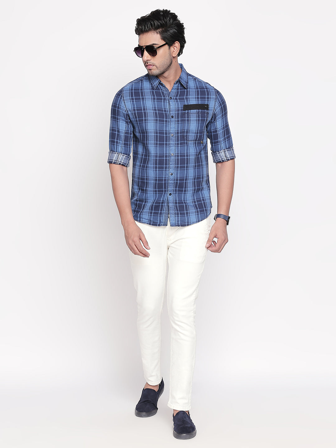 Spykar Men Blue Checked Slim Fit Casual Shirt