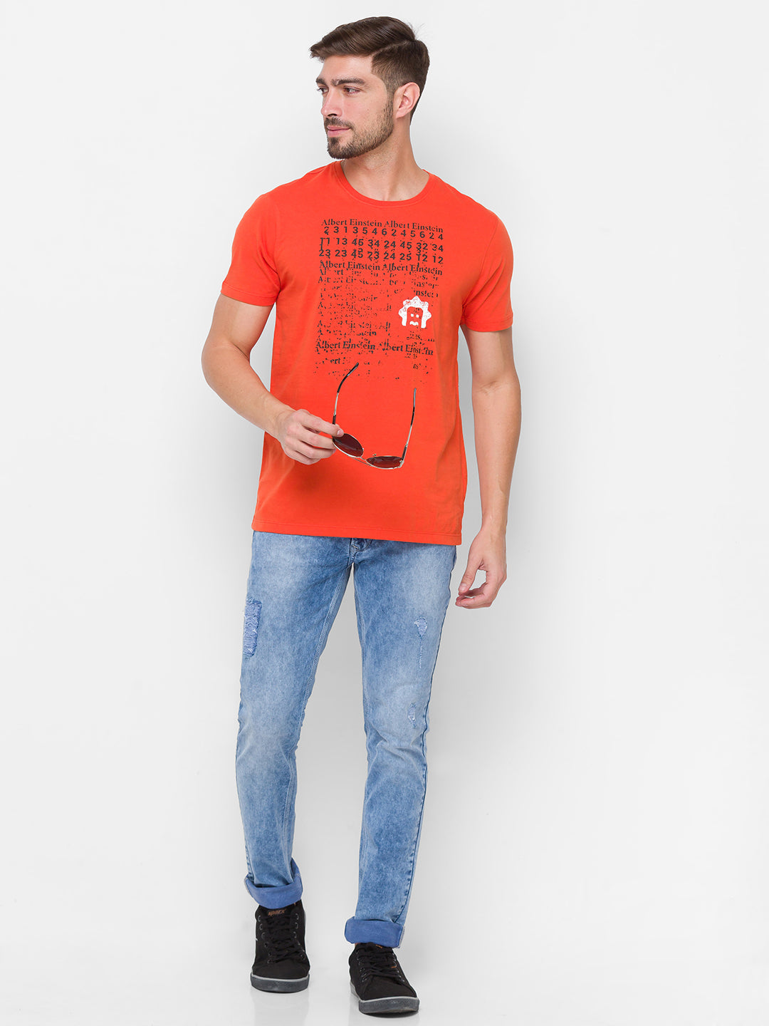 Albert Einstein Spykar Men Orange Cotton Slim Fit Round Neck T-Shirt