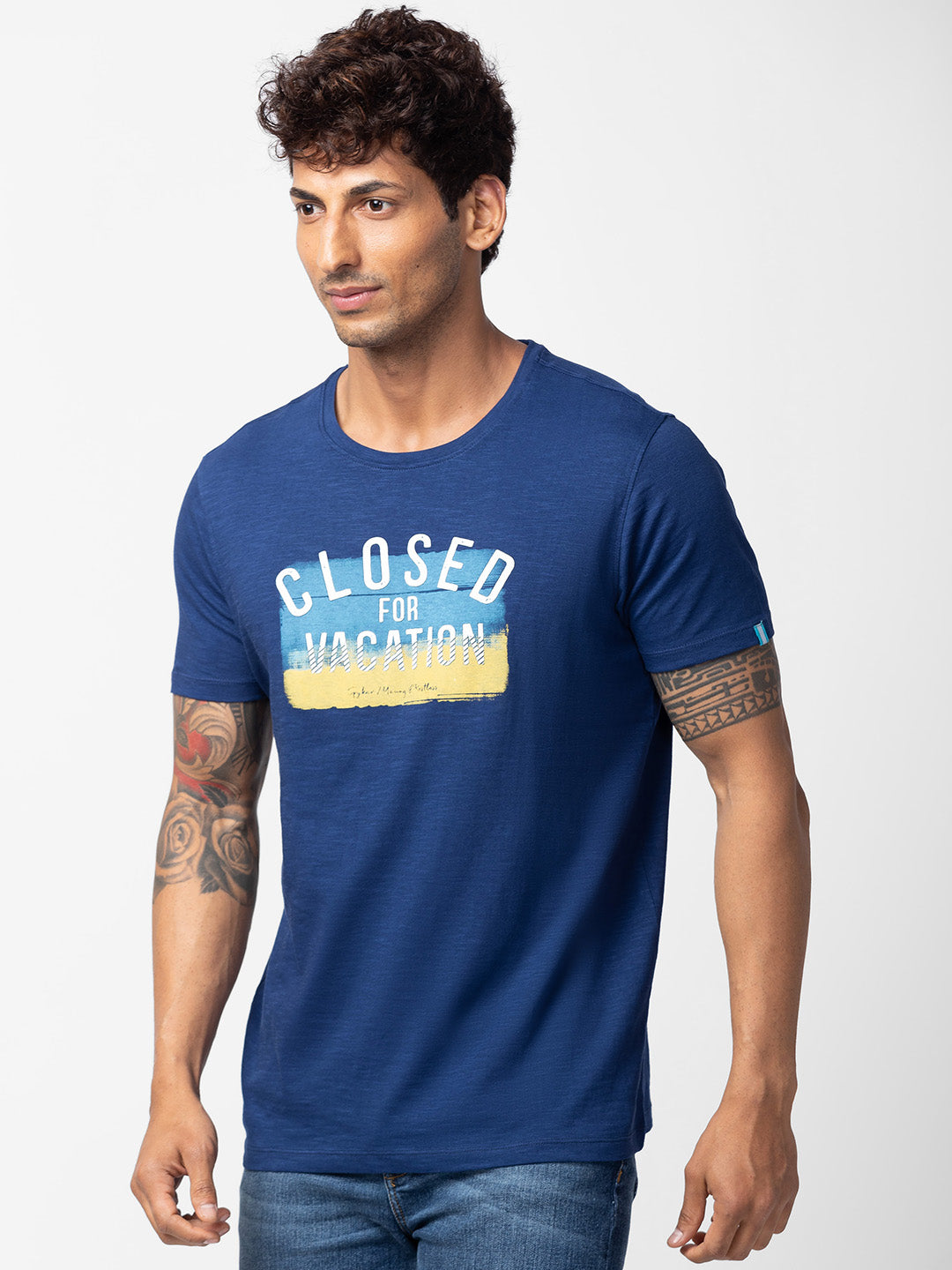 Spykar Men Indigo Blue Cotton Regular Fit Half Sleeve Printed T-Shirt