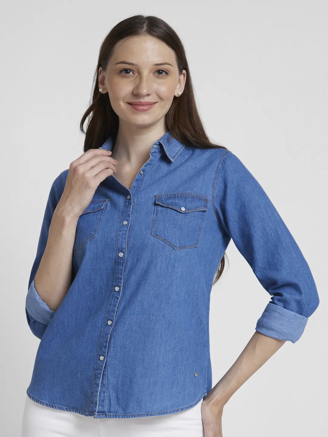 Spykar Women Light Blue Cotton Regular Fit Full Sleeve Plain Shirt