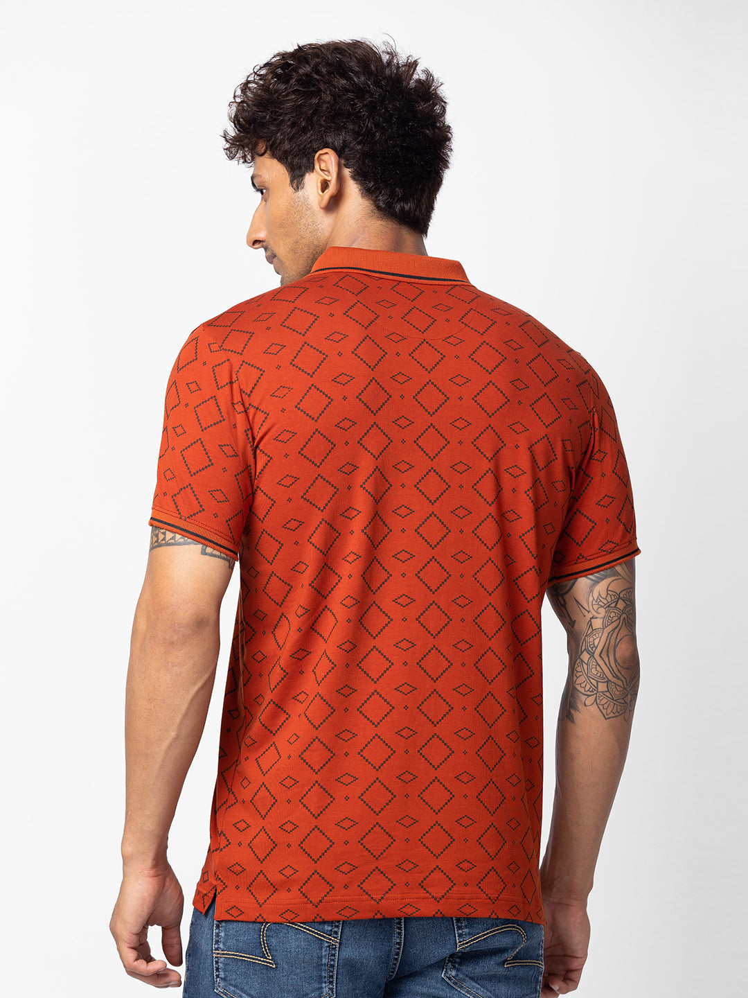 Spykar Men Burnt Orange Cotton Regular Fit Half Sleeve Printed Polo T-Shirt