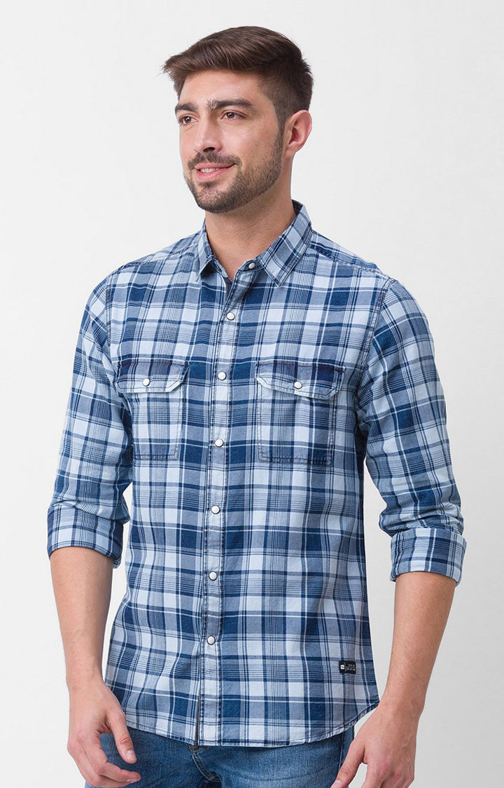 Spykar Indigo Blue Cotton Full Sleeve Checks Shirt For Men