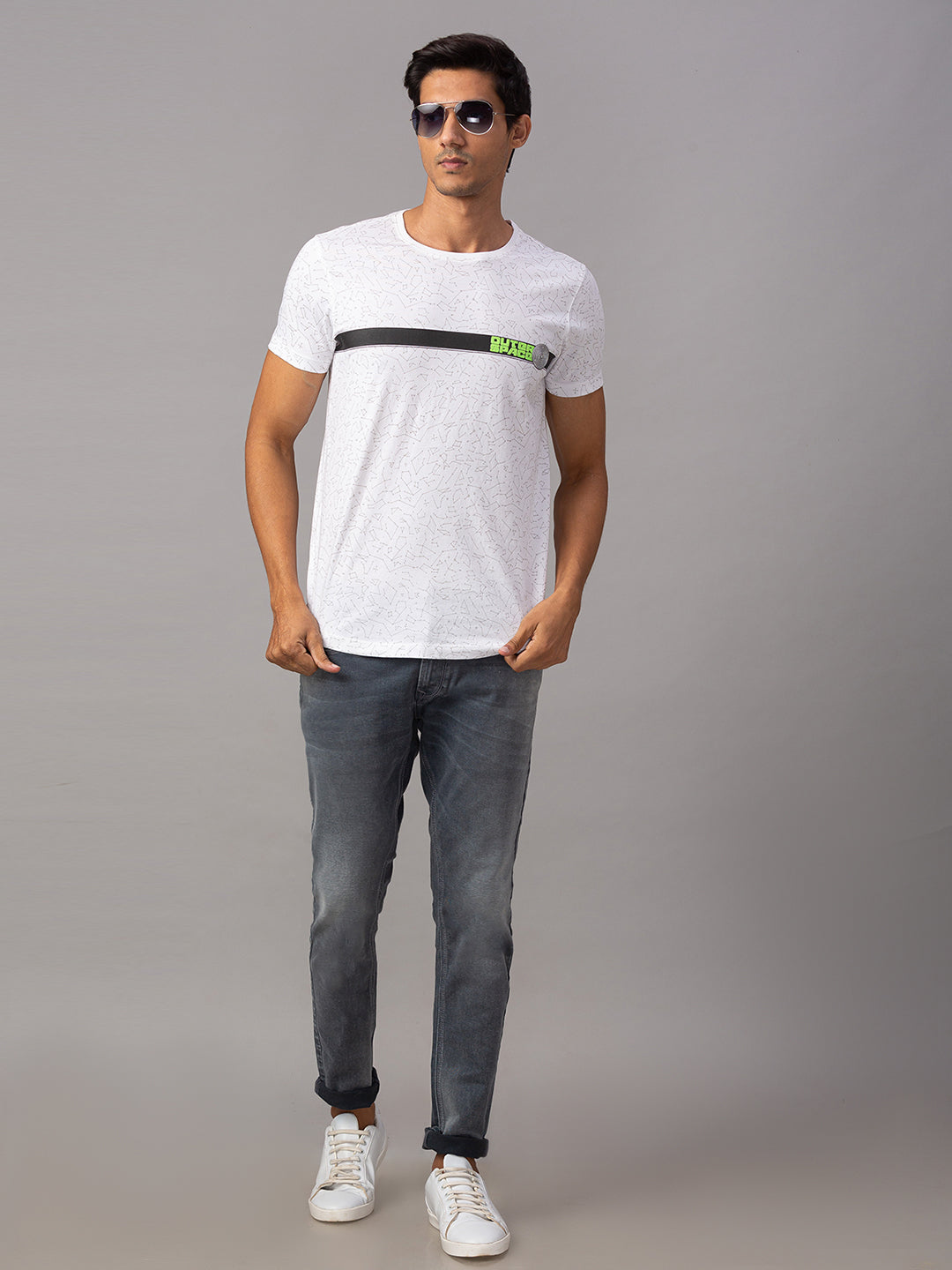 Spykar Men White Cotton Slim Fit Round Neck T-Shirt