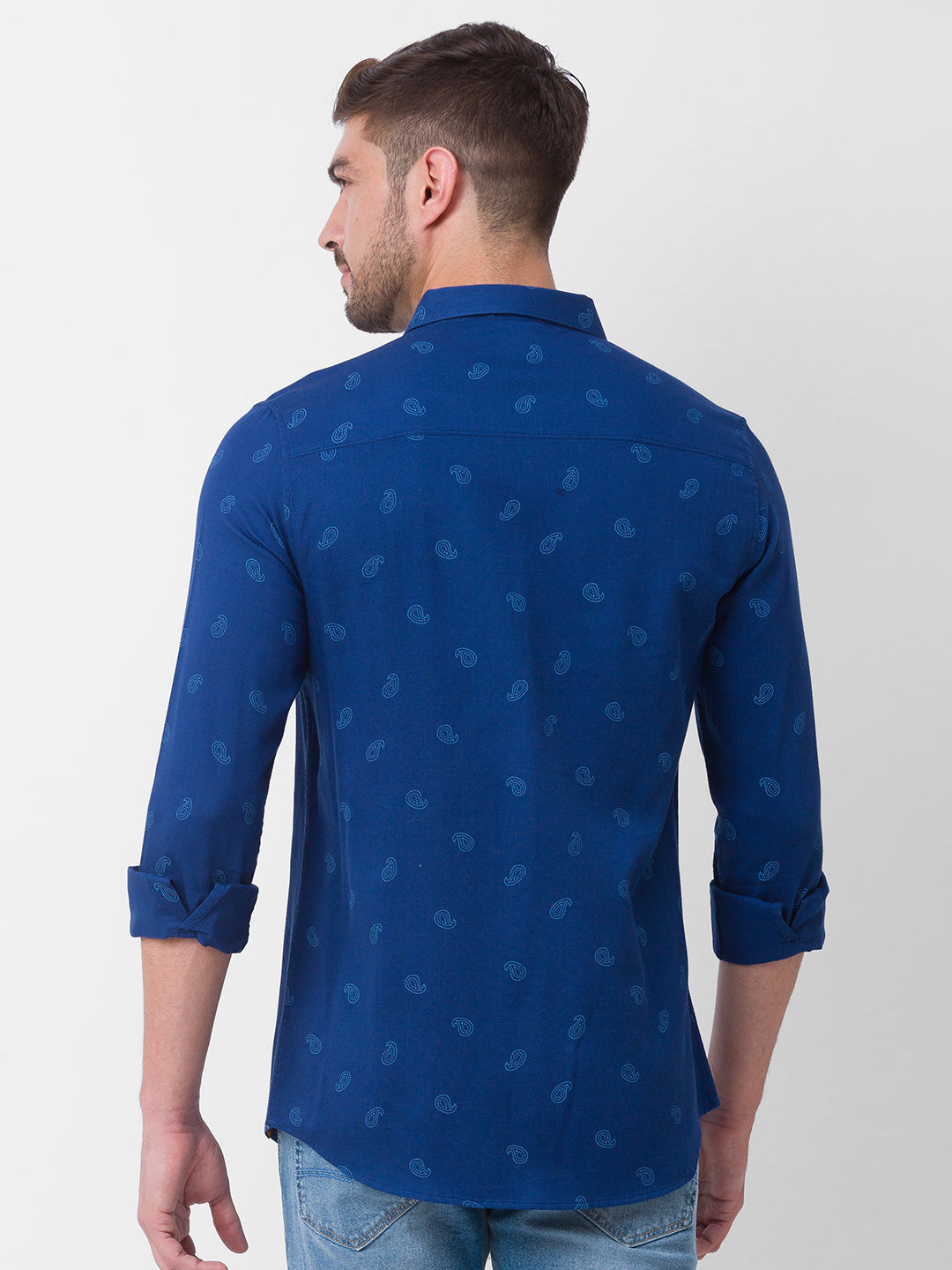 Spykar Indigo Blue Cotton Full Sleeve Printed Shirt For Men