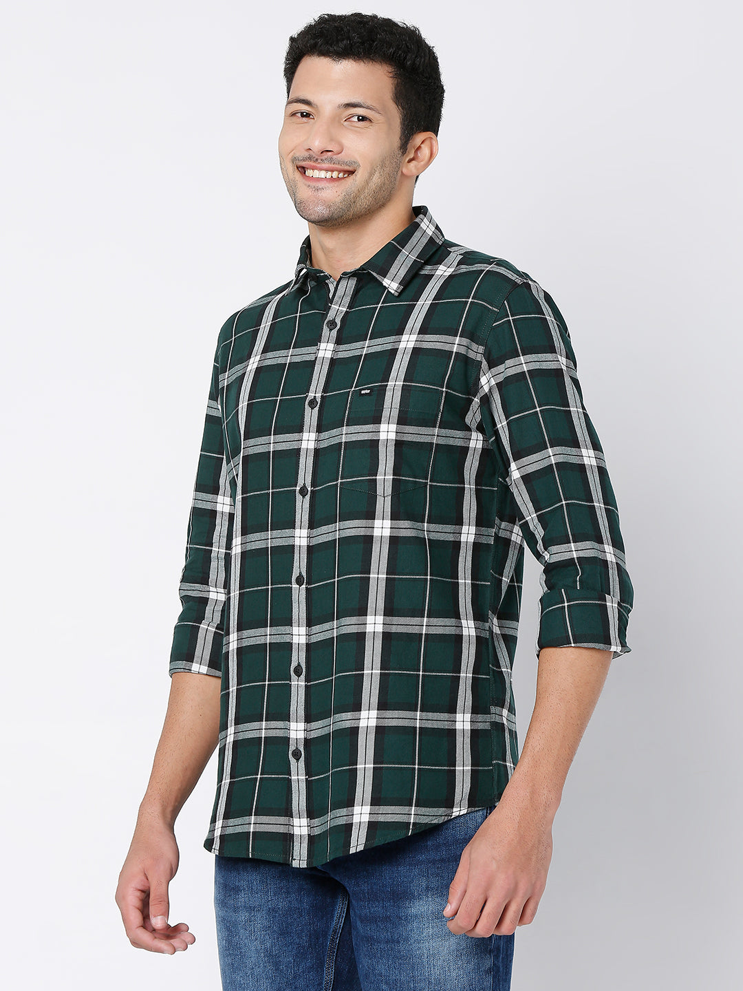 Spykar Men Bottle Green Cotton Slim Fit Checkered Shirt