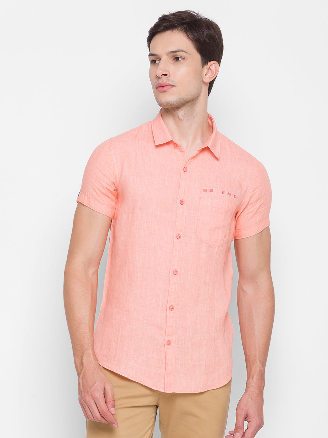 Spykar Slim Fit Orange Cotton Men Shirt