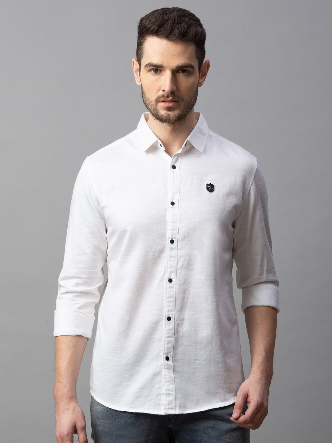 Spykar Men White Cotton Slim Fit Shirt