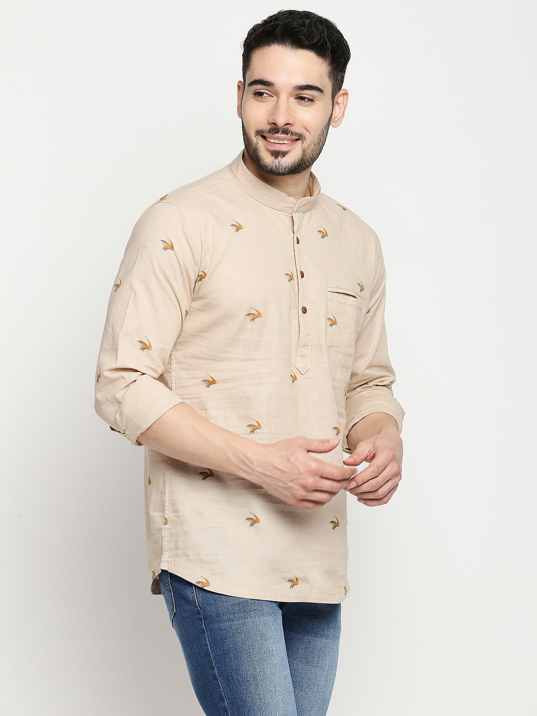 Spykar Fawn Cotton Linen Full Sleeve Printed Kurta For Men