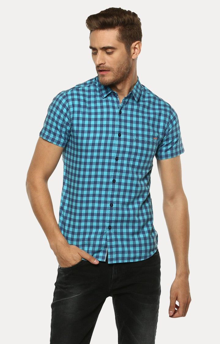 Spykar Men'S Blue Cotton Checked Casual Shirts