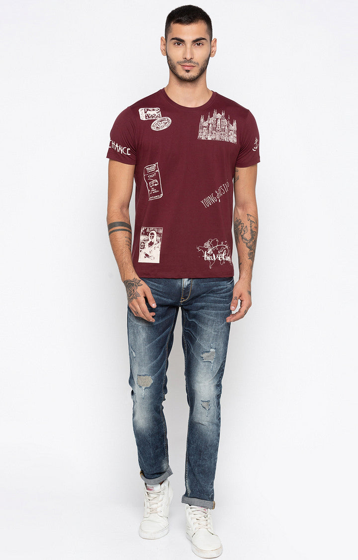 Spykar Wine Printed Slim Fit Men T-Shirts